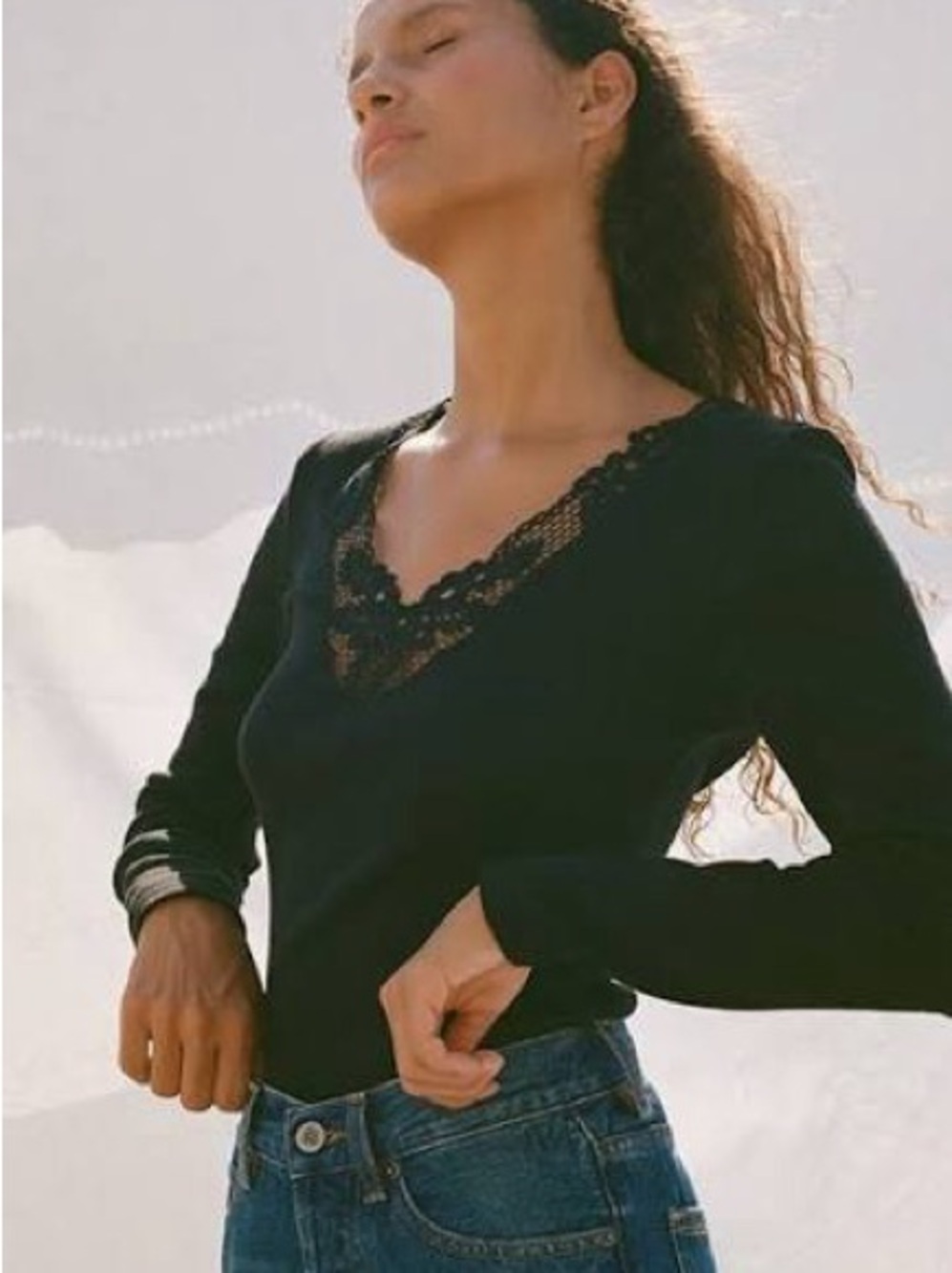 Rouje x Damart Black Top with Lace Trim